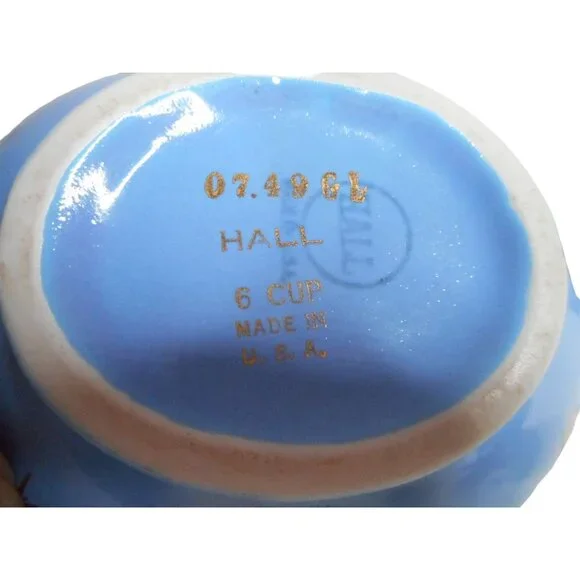 EUC VTG 1950s Hall Periwinkle Blue & Gold Atomic Starburst 6 cup Teapot 0749GL - Picture 8 of 8